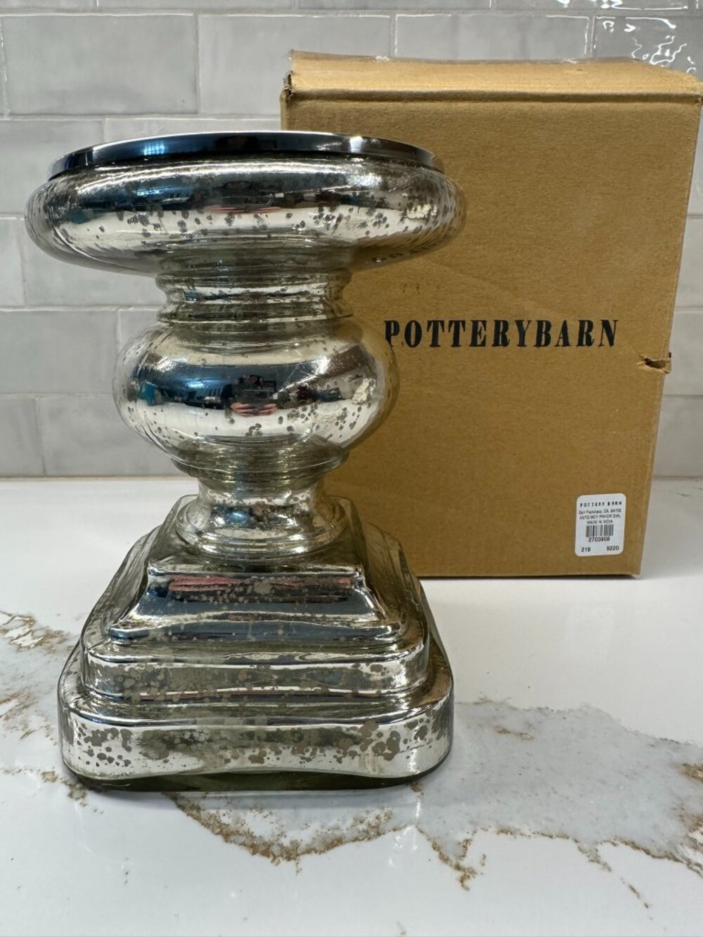 NEW IN BOX! POTTERY BARN ANTIQUE MERCURY PEDESTAL PILLAR CANDLE HOLDER HOLIDAYS